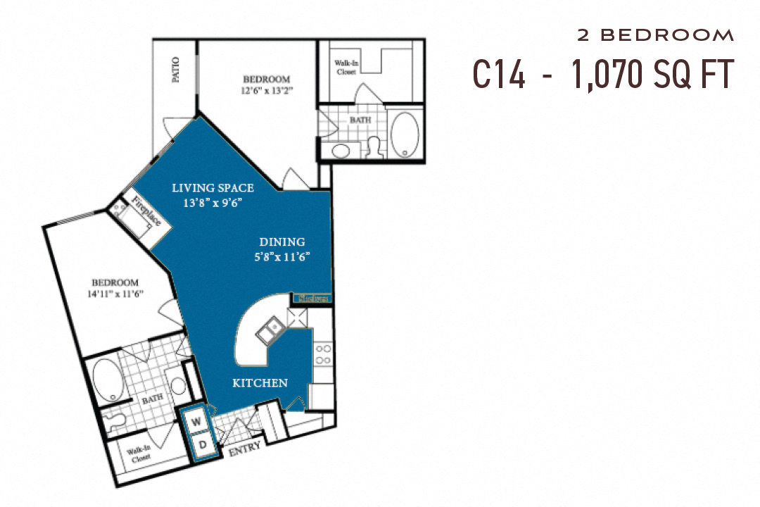 Floor plan for 2 beds, 2 baths, 1070 sqft